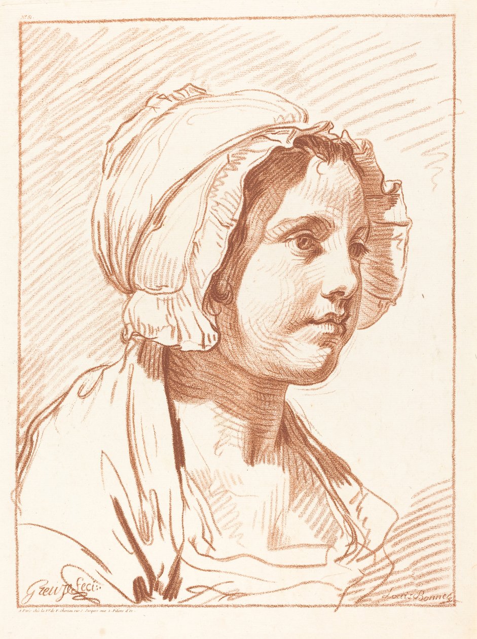 Hoofd van een jonge vrouw met een muts, voor 1764 door Louis Marin Bonnet