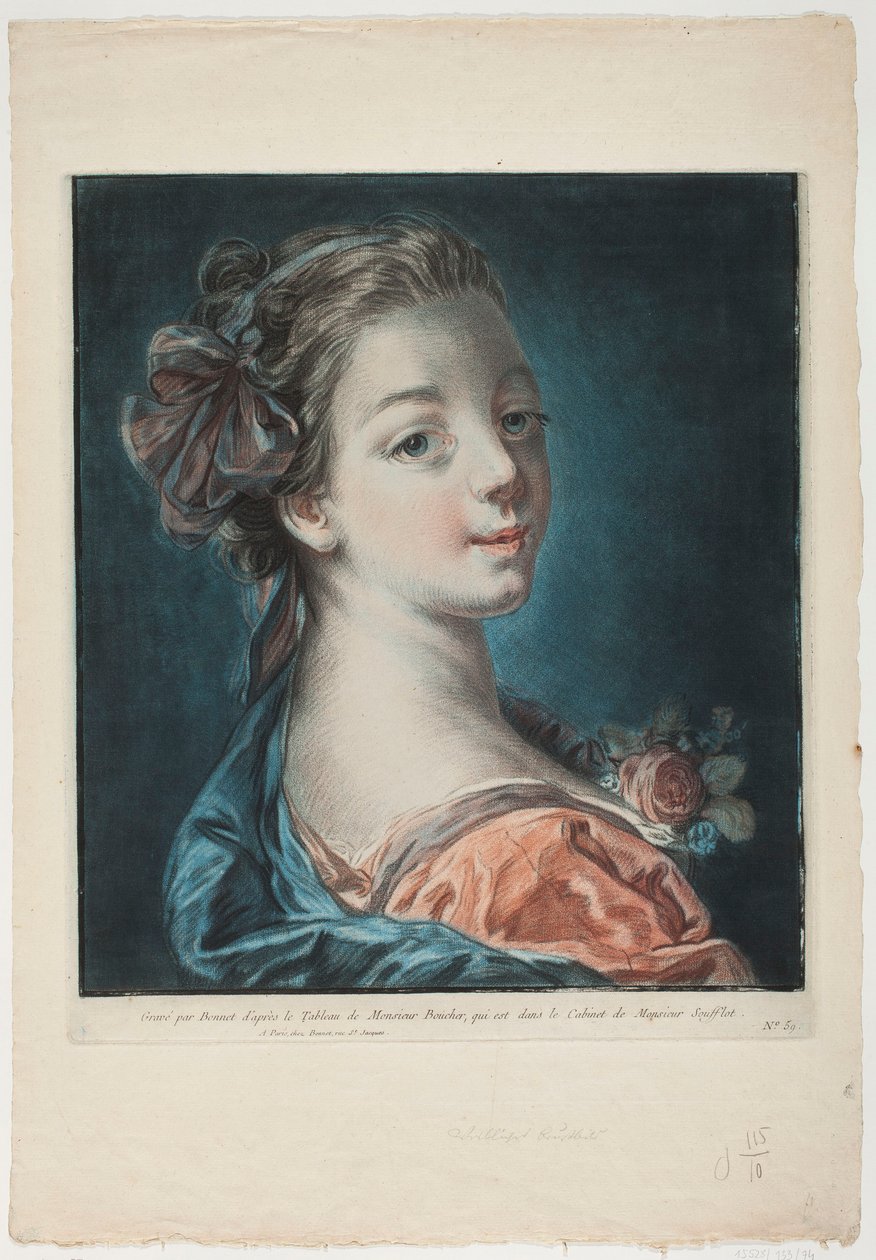 Portret van een jonge vrouw met een roos aan haar jurk door Louis Marin Bonnet