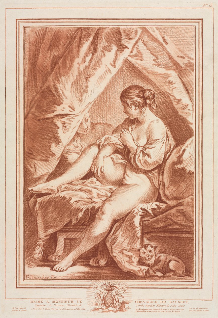 Jonge vrouw zittend op een bed, voor 1764 door Louis Marin Bonnet