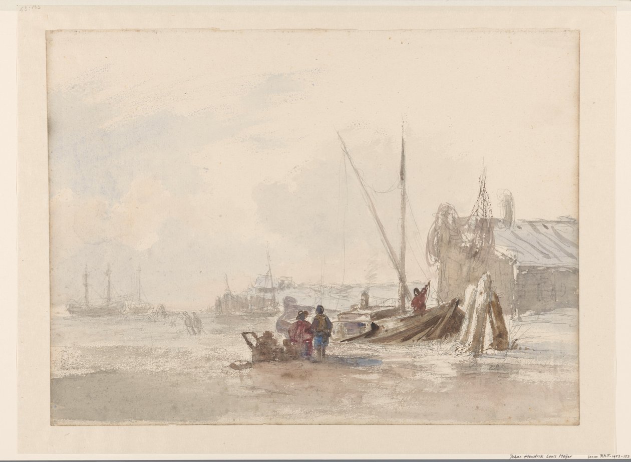 Strandgezicht met vissers bij een boot op de voorgrond door Louis Meijer