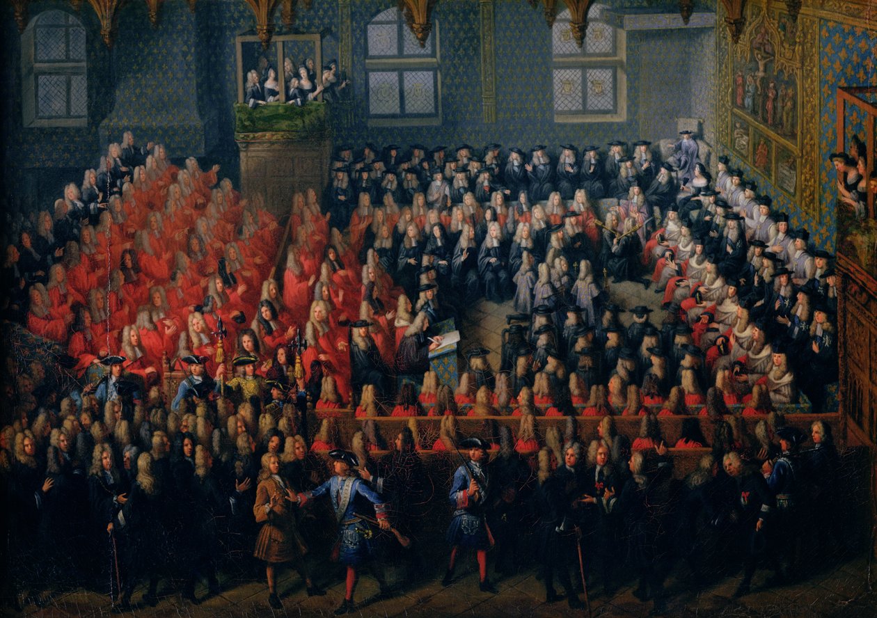 Bed van Justitie gehouden in het Parlement van Parijs, 12 september 1715 door Louis Michel Dumesnil