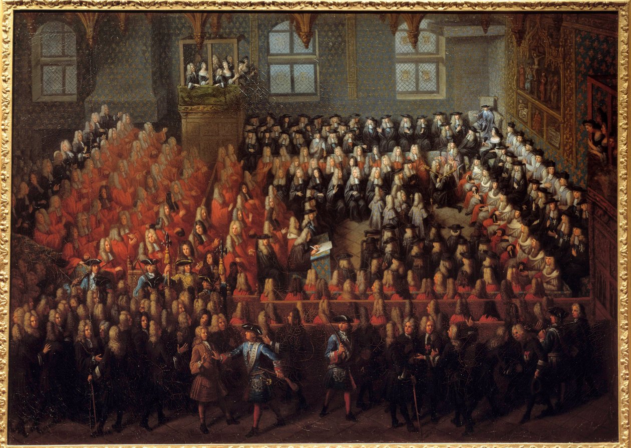 Bed van Justitie gehouden door Lodewijk XV (1710-1774) in de Grote Kamer van het Parlement van Parijs om de wil van Lodewijk XIV (1638-1715) te breken door Louis Michel Dumesnil