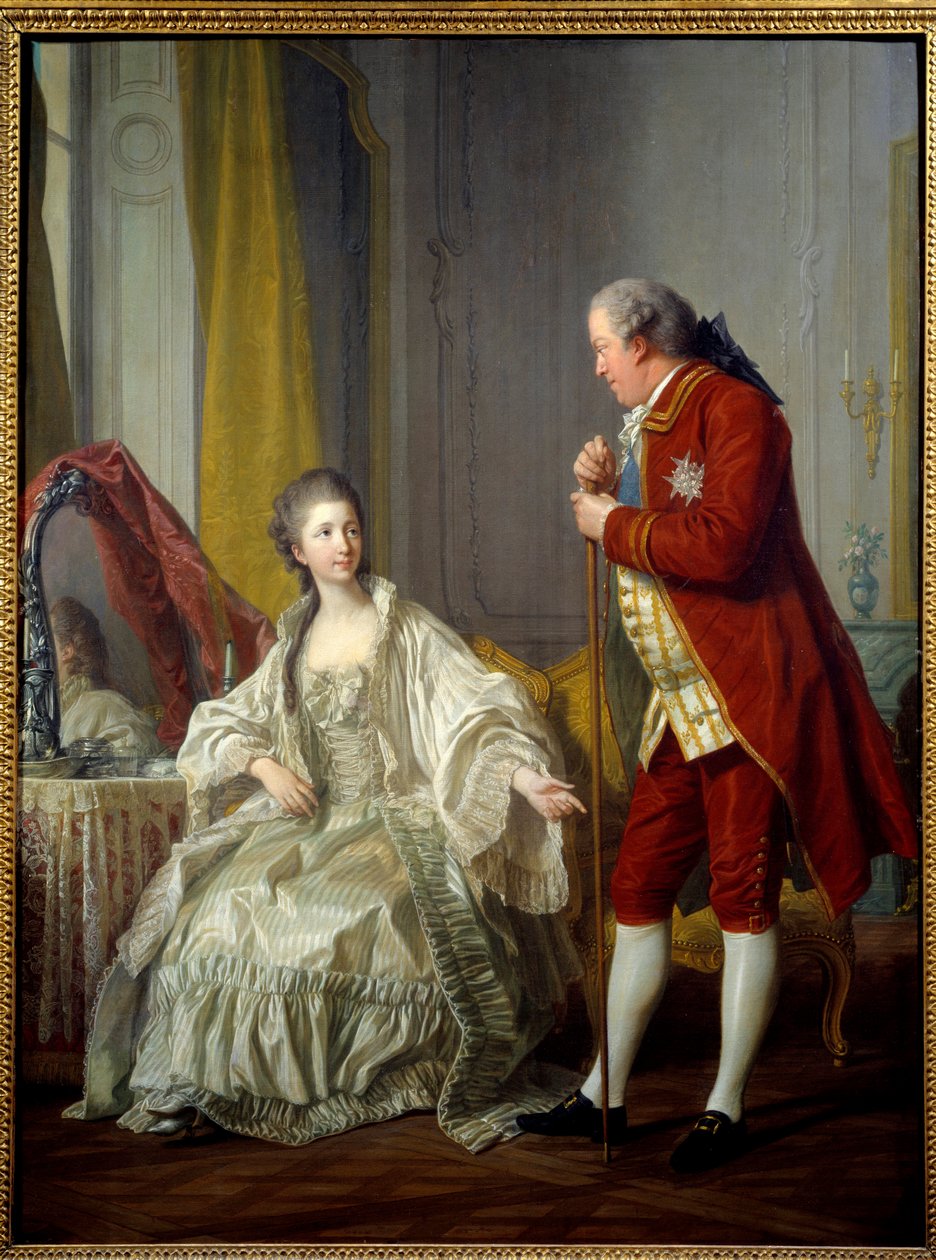 Portret van de Markies en Markiezin van Marigny. Abel-Francois Poisson de Vandieres, Markies de Marigny, directeur van de koninklijke gebouwen (1727-1781) en zijn vrouw Julie Filleul (1751-1822), dochter van Lodewijk XV door Louis Michel van Loo