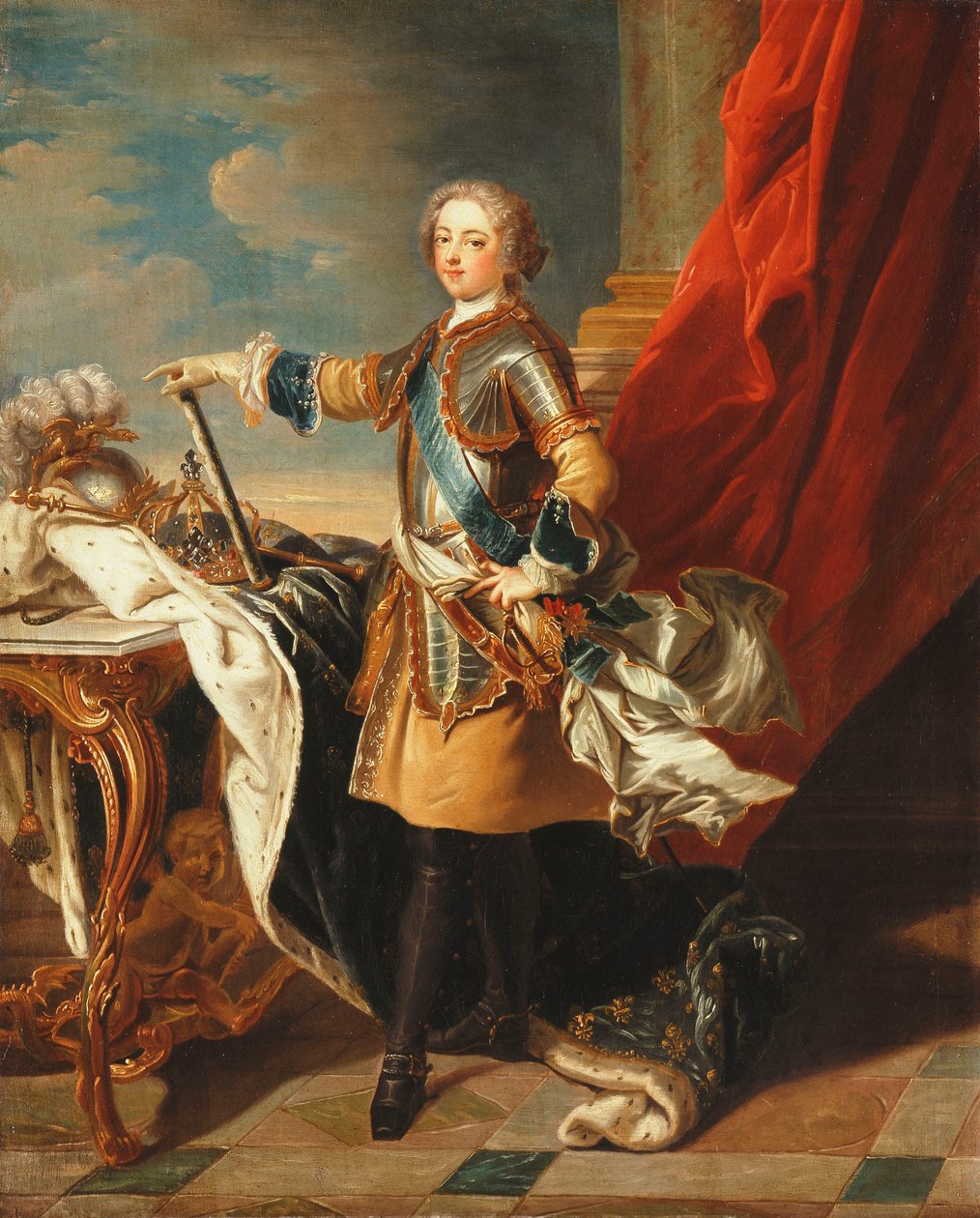 Portret van Koning Lodewijk XV, volledig, in halve Wapenrusting door Louis Michel van Loo