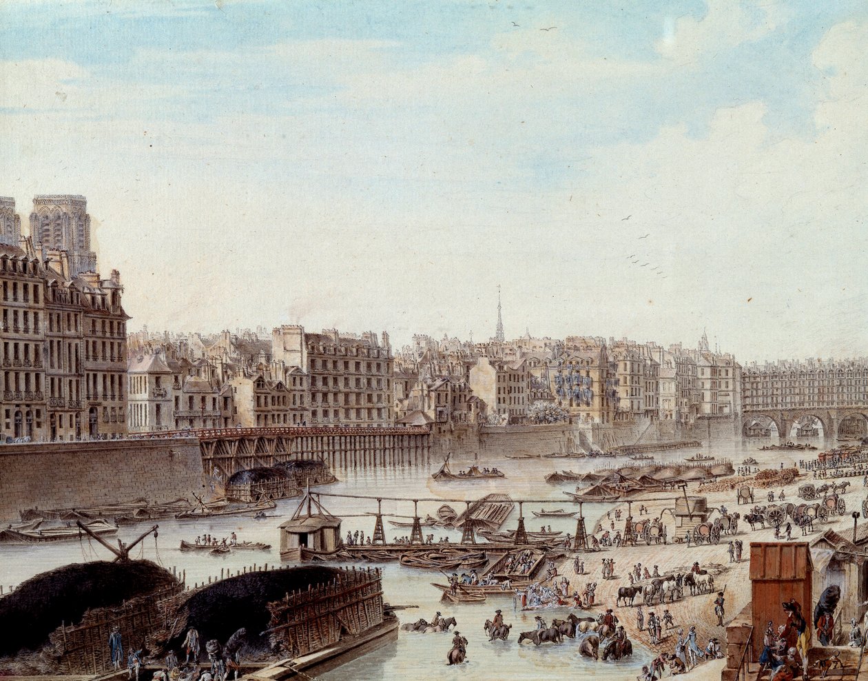 Maritiem leven op de kades van de haven in Parijs in 1782 (detail) door Louis Nicolas de Lespinasse