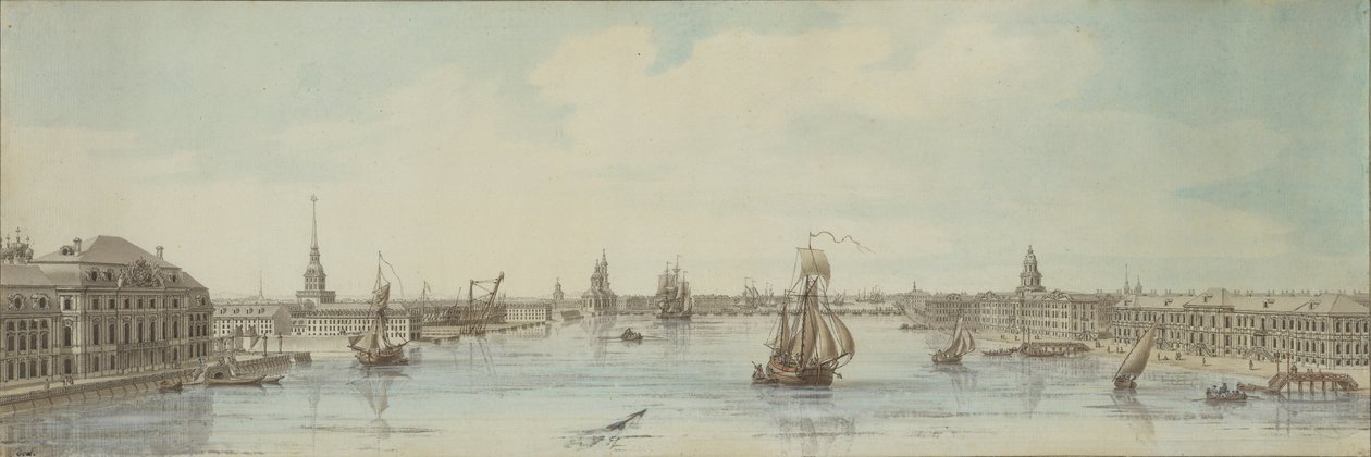 Uitzicht op de oevers van de rivier de Neva tussen het Winterpaleis en de Academie van Wetenschappen door Louis Nicolas de Lespinasse