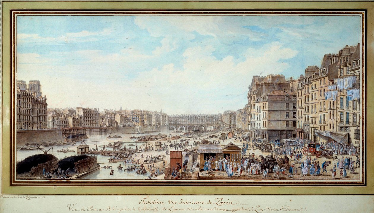Uitzicht op de haven bij de walvis genomen vanaf de oude Marche aux veaux richting de Notre-Dame-brug in Parijs door Louis Nicolas de Lespinasse