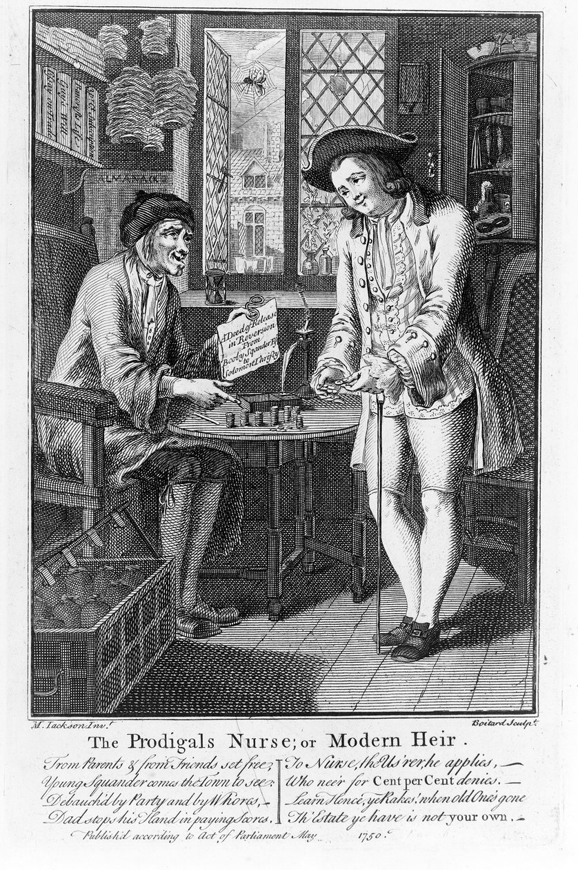De verpleegster van de verloren zoon of moderne erfgenaam, uitgegeven 1750 door Louis Philippe Boitard