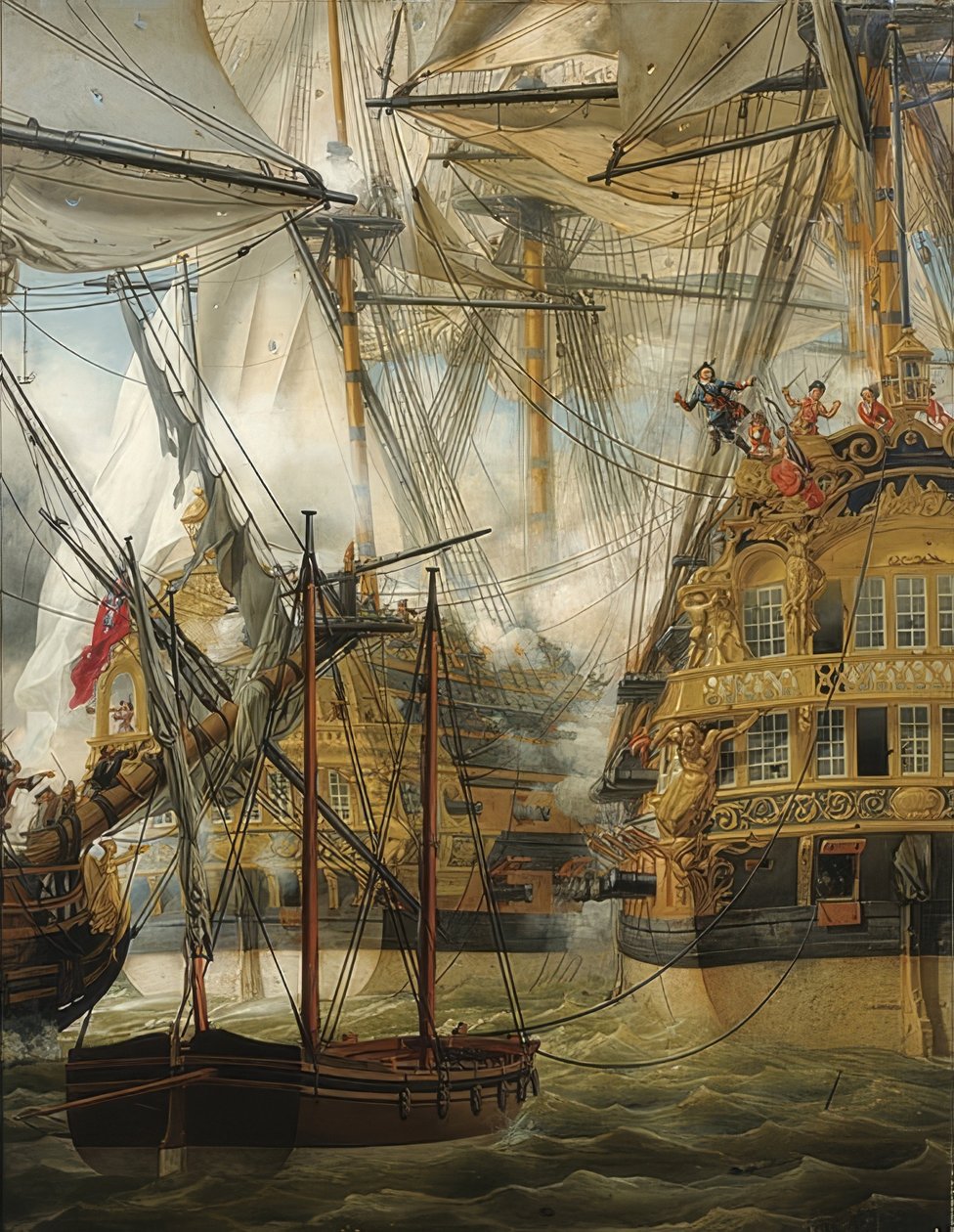 HMS Cumberland vecht tegen Le Lys en La Gloire door Louis Philippe Crepin