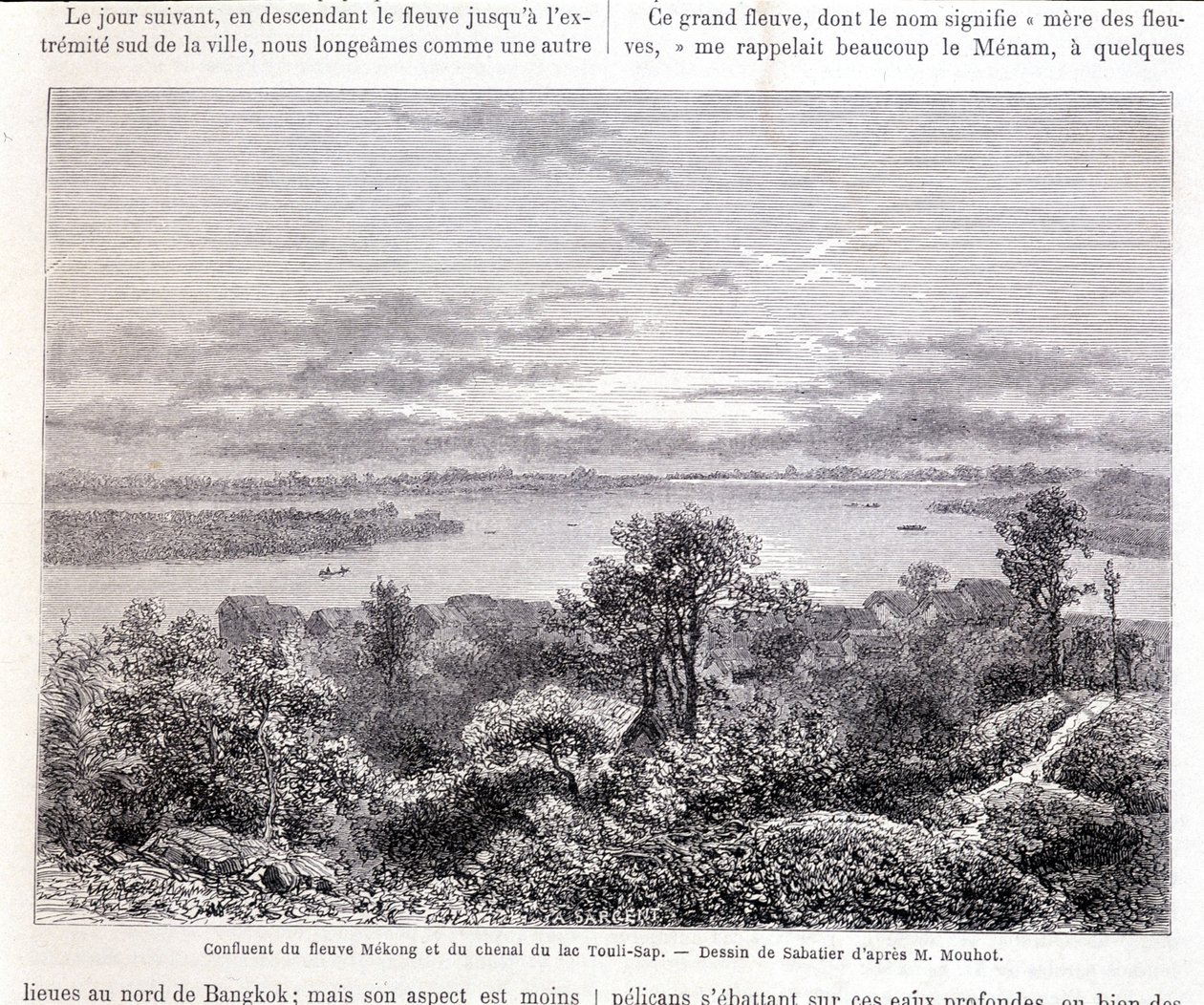 Samenvloeiing van de Mekong-rivier en het Touli-meerkanaal - slap. Tekening door Sabatier volgens Mr. Mouhot. Tour du monde door Louis Remy Sabatier