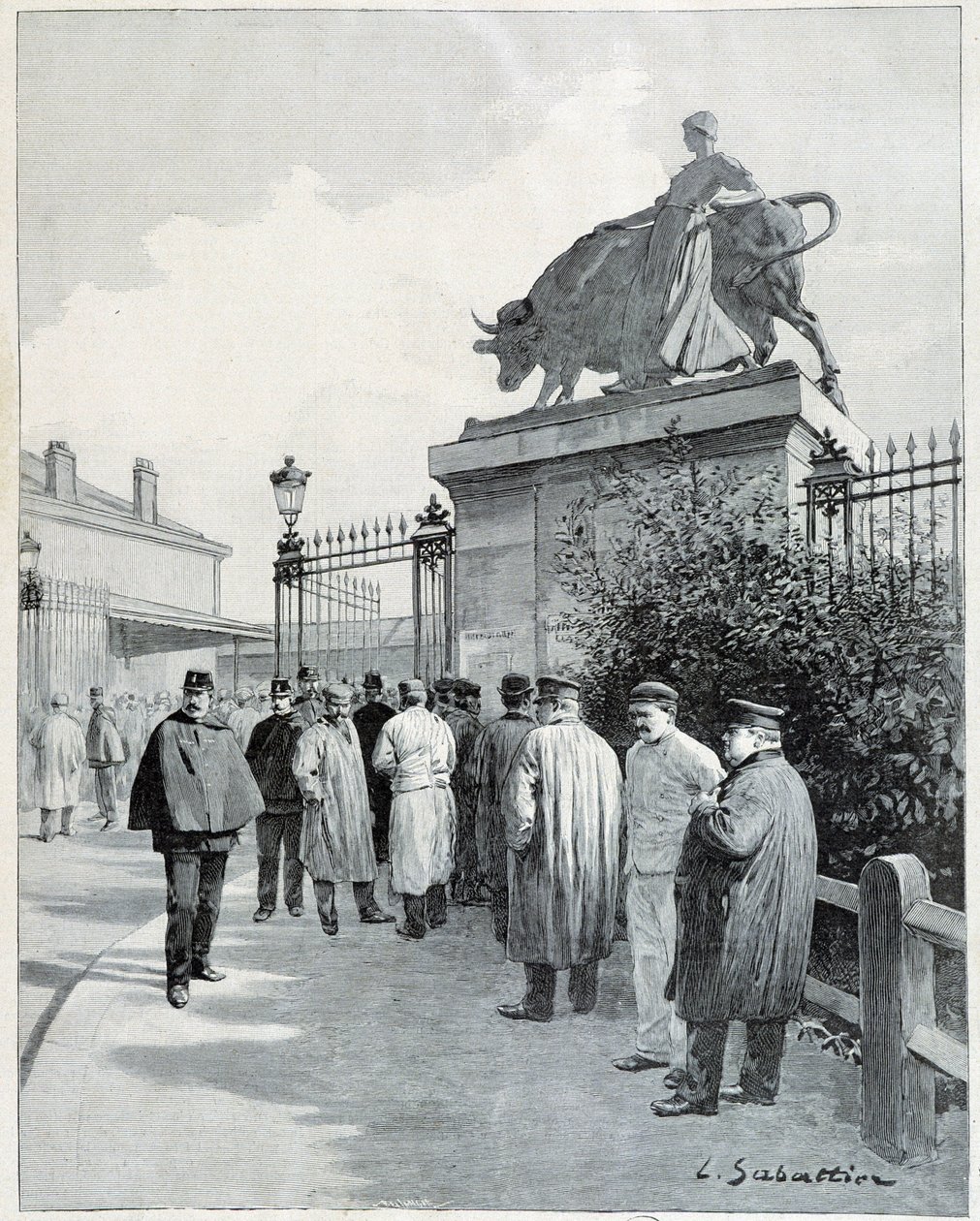 Stakers bij het slachthuis de la Villette door Louis Remy Sabattier