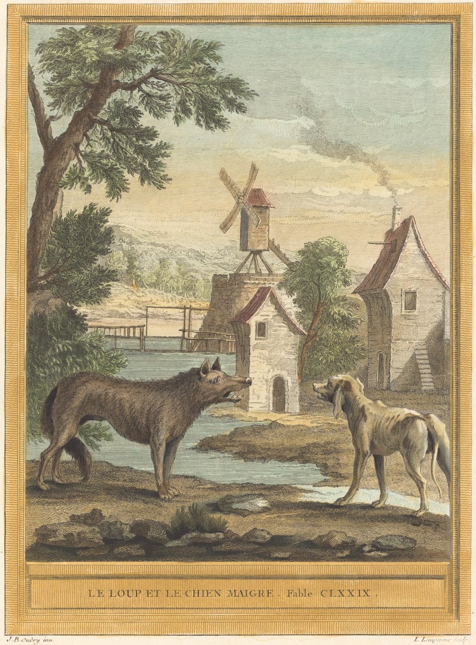 De wolf en de magere hond door Louis Simon Lempereur after Jean Baptiste Oudry