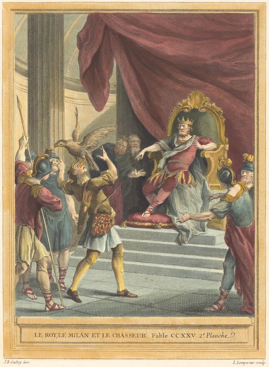 De koning, de wouw en de jager door Louis Simon Lempereur after Jean Baptiste Oudry