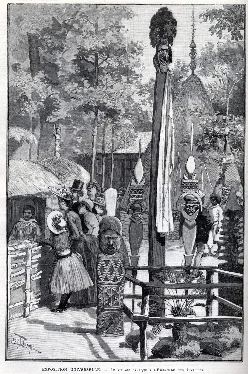 Exposition Universelle 1889 - Het Canaque-dorp op de Esplanade des Invalides (de Canaques tentoongesteld tijdens de tentoonstelling: Zoo Humane). Tekening door Louis Tinayre (1861-1942) - in 