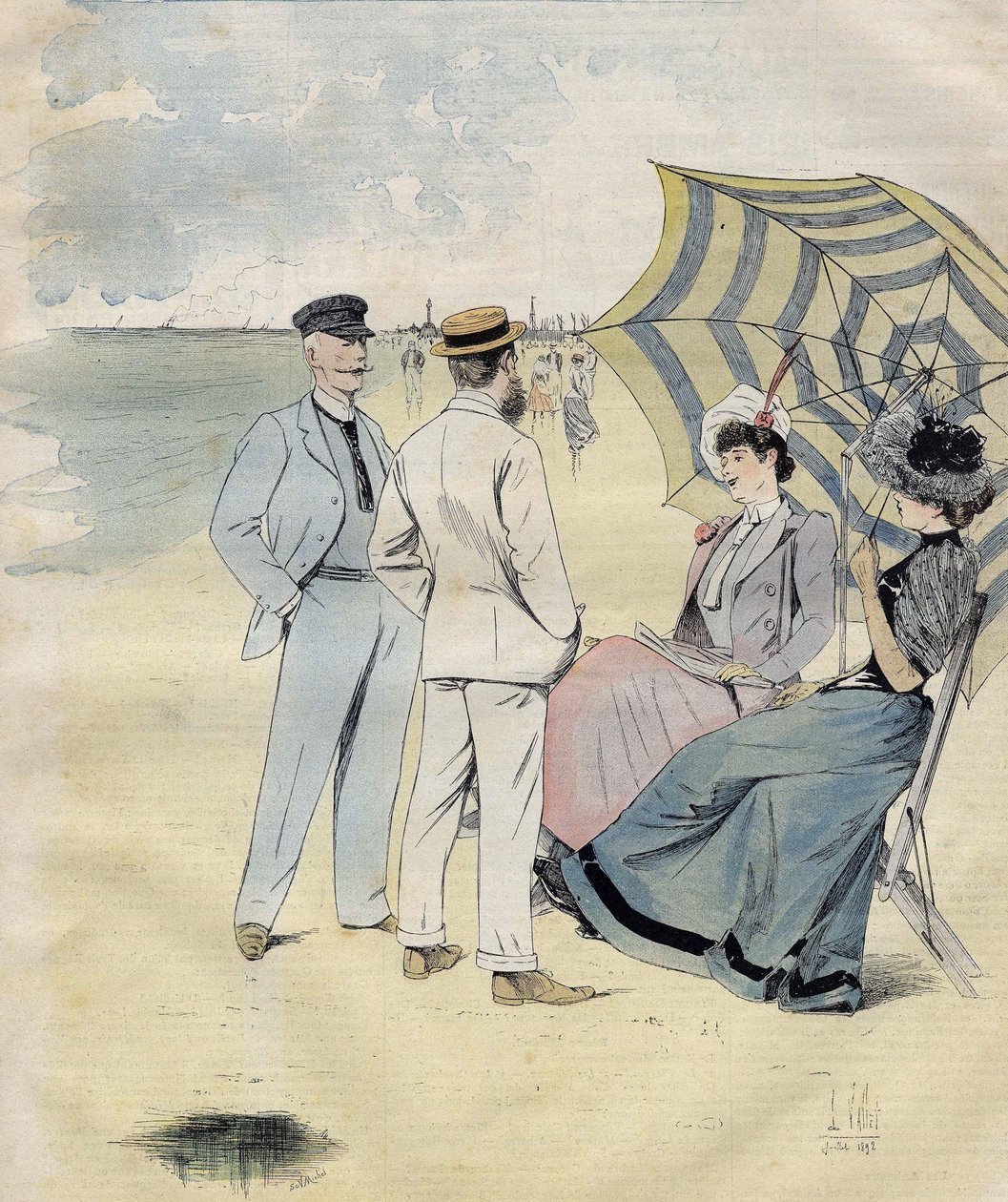 Zee baden: op het strand. van L. Vallet Aquarel. 1892 door Louis Vallet