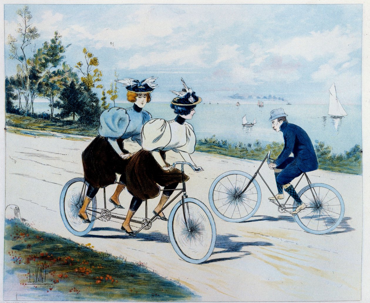 Zondagwandeling. Fietstocht: een man op een fiets kijkt naar twee vrouwen op een tandem door Louis Vallet