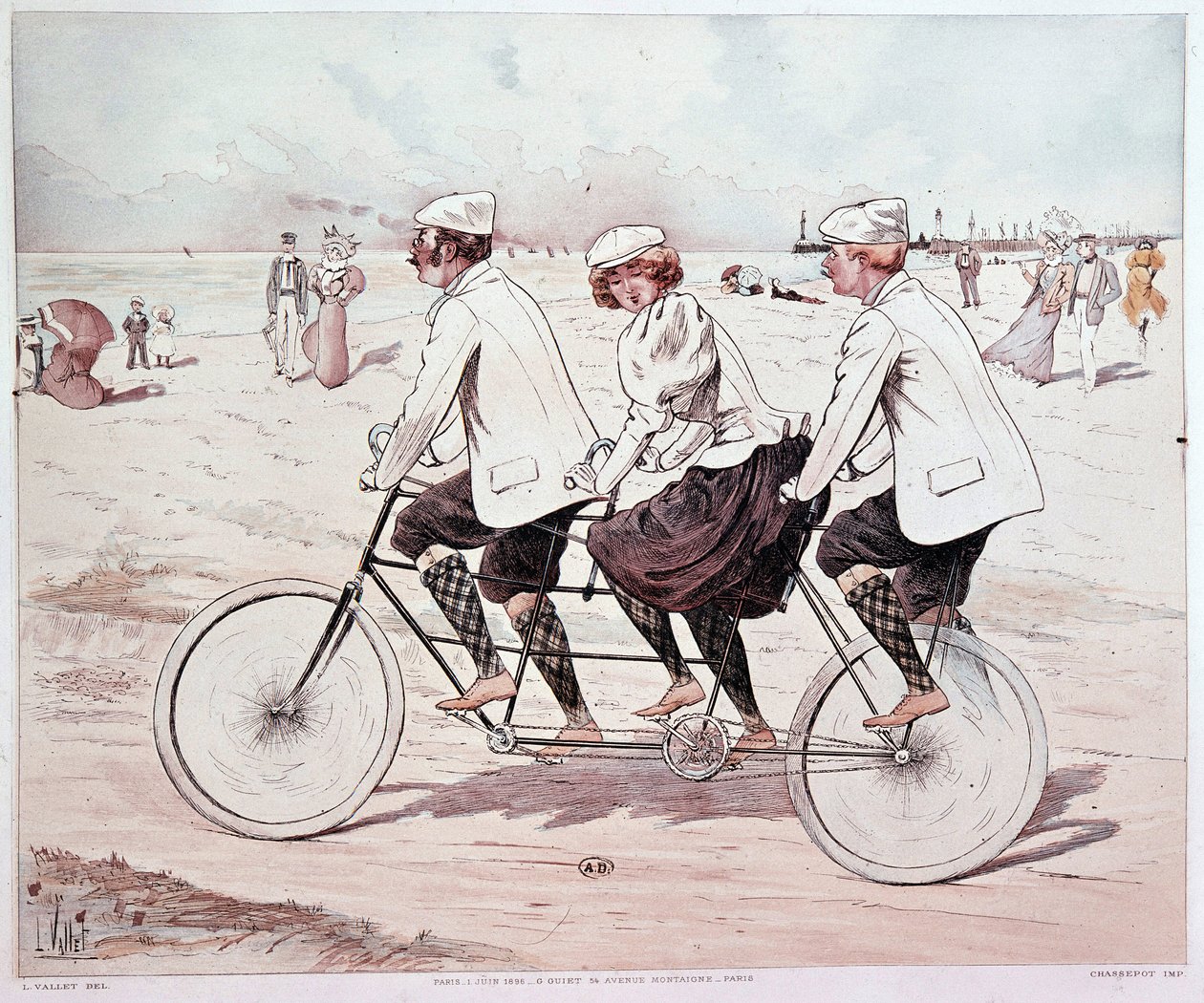 Tandem, drie mensen fietsen op het strand - tekening door L. Vallet door Louis Vallet