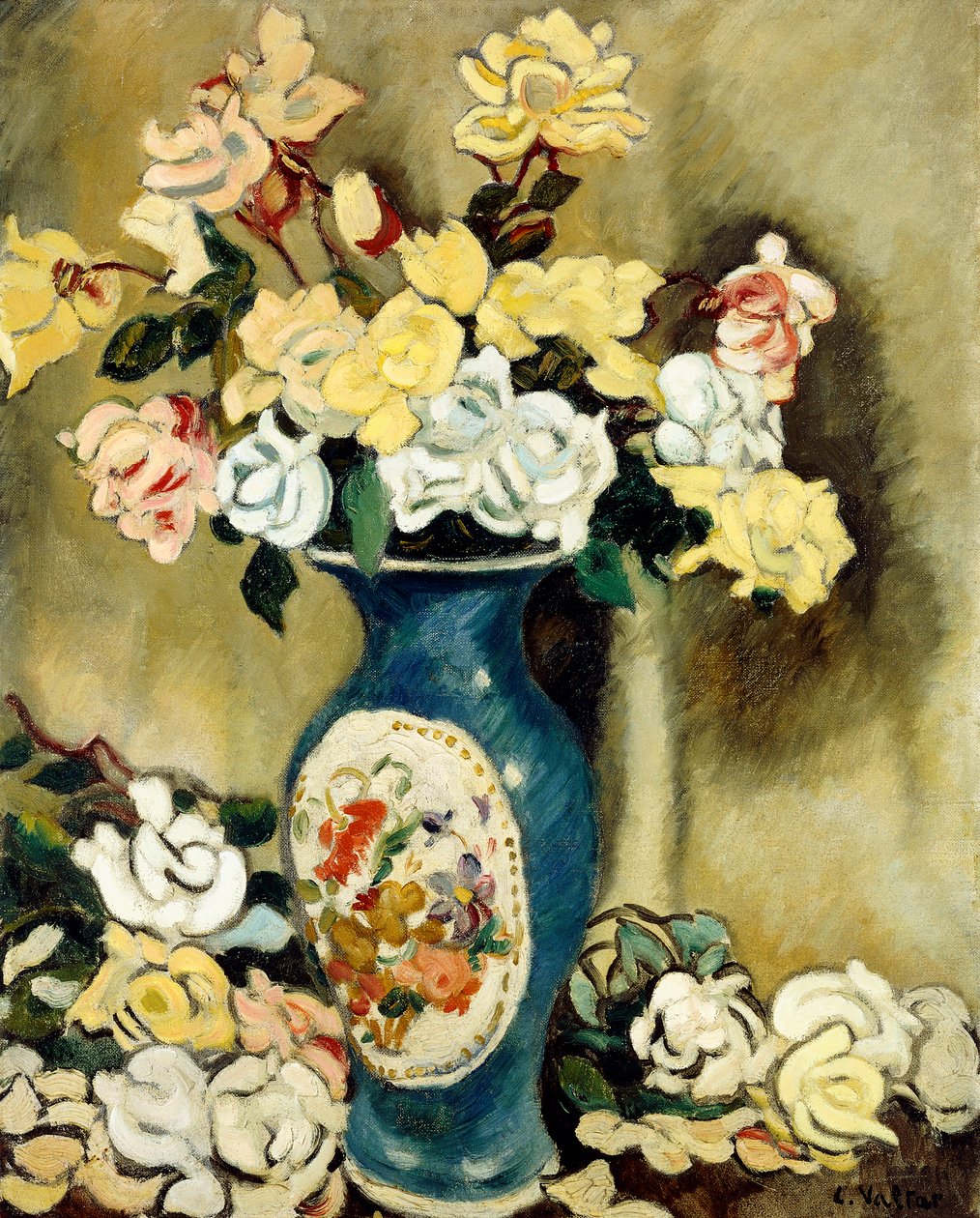 Boeket rode rozen in een blauwe vaas, c.1920 door Louis Valtat