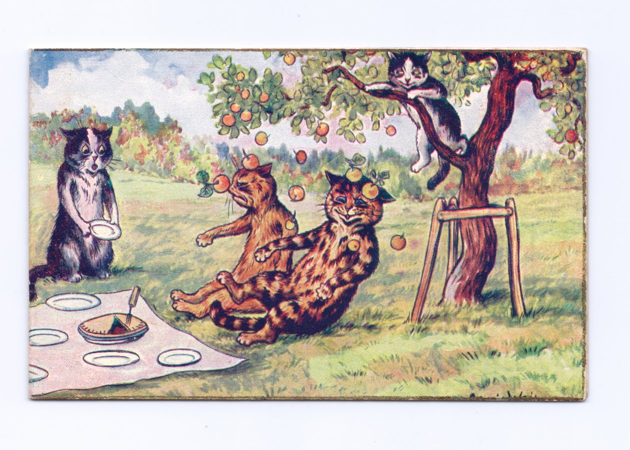Victoriaanse wenskaart van appels die op twee katten vallen tijdens een picknick, ca. 1880 door Louis Wain