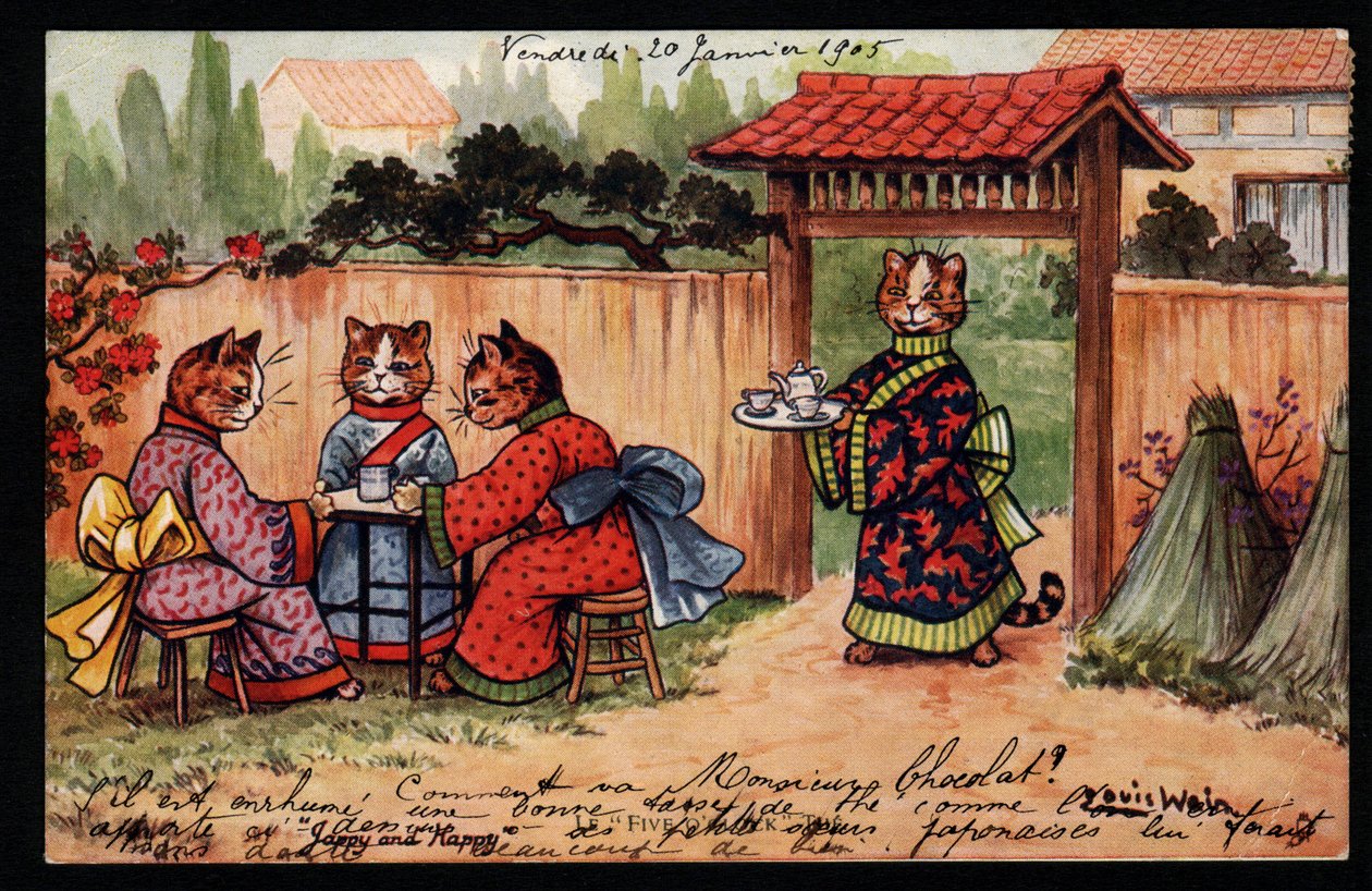 Dieren in menselijke houding. Kat in kimono drinkt thee in een Japanse tuin. Ansichtkaart. Chromolithografie van Louis Wain (1860-1939), Engelse kunstenaar bekend om zijn weergave van katten met grote ogen. Begin 20e eeuw. Collectie pr door Louis Wain