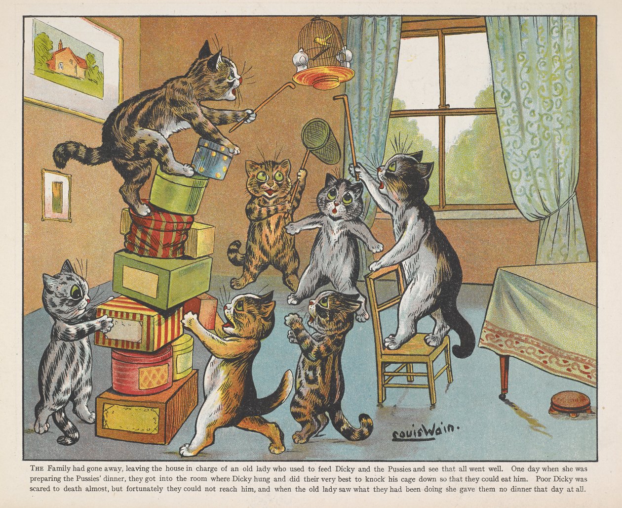 Katten spelen met dozen in een kamer door Louis Wain