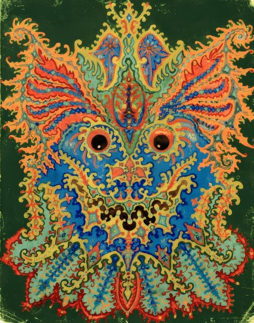 Kaleidoscoop-katten: Kattenpatroon op groen door Louis Wain
