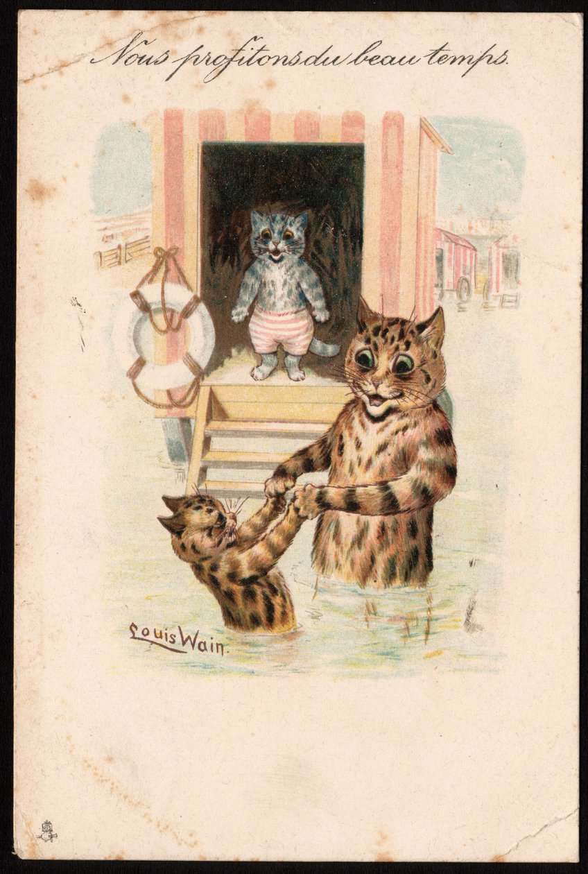 Wij genieten van het mooie weer. Dieren in menselijke houding. Zee badende katten op vakantie. Ansichtkaart. Chromolithografie van Louis Wain (1860-1939), Engelse kunstenaar bekend om zijn weergave van katten met grote ogen. Begin 20e eeuw. Collectie pr door Louis Wain