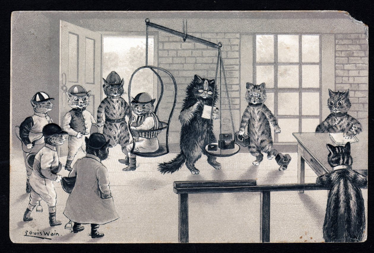 Wij genieten van het mooie weer. Dieren in menselijke houding. Kat als jockey die op een weegschaal wordt gewogen. Ansichtkaart. Chromolithografie van Louis Wain (1860-1939), Engelse kunstenaar bekend om zijn weergave van katten met grote ogen. Begin 20e door Louis Wain