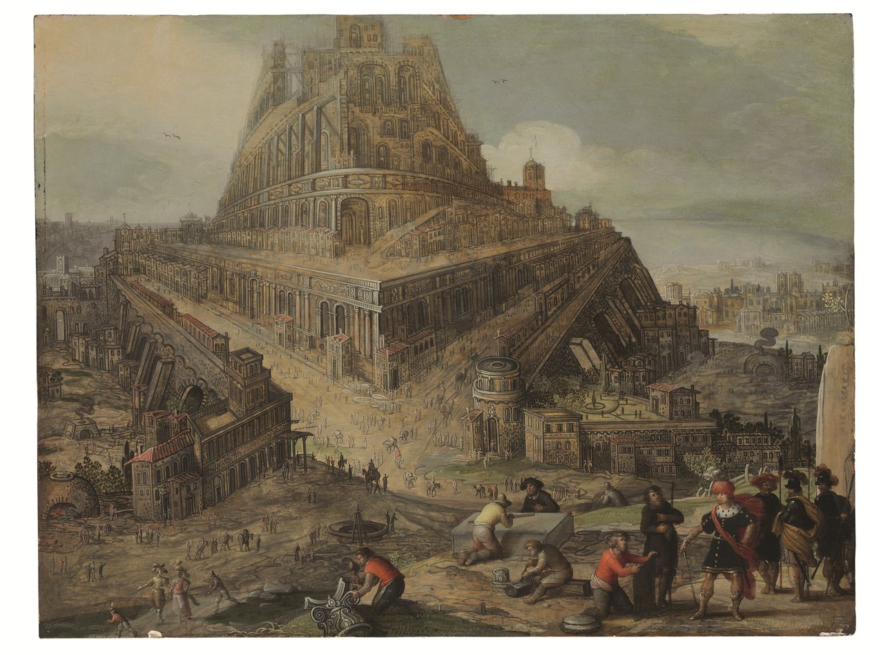 Koning Nimrod beveelt de bouw van de Toren van Babel door Louis de (circle of) Caullery