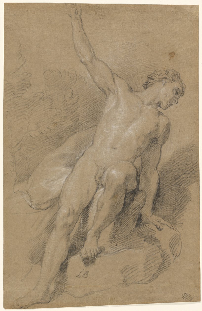 Mannelijke naakt zittend op rotsen door Louis de Boullogne the Younger