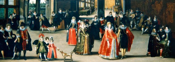 Elegante figuren dansen in een interieur door Louis de Caullery