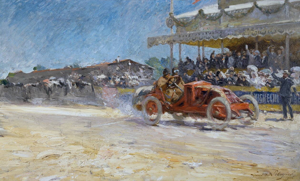 Eerste Grand Prix van Automobile Club de France in 1906, aankomst van de winnaar, Compiegne, Frankrijk door Louis de Schryver