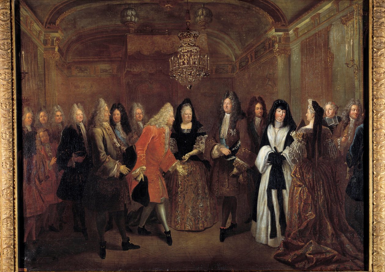 Koning Lodewijk XIV (1638-1715) ontvangt prins Frederik Augustus van Saksen van Elizabeth Charlotte d