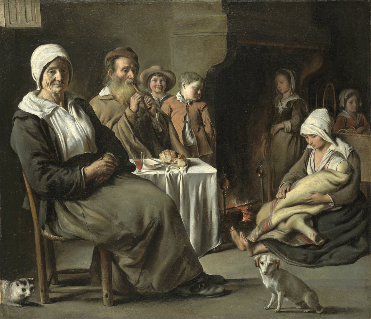 Boereninterieur met een oude fluitspeler door Louis le Nain