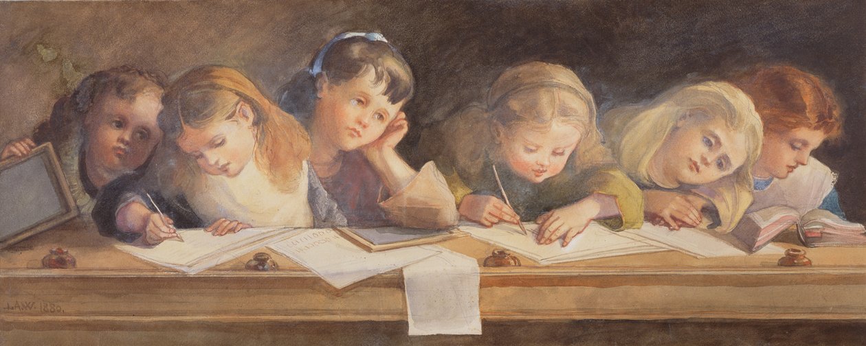 De schrijfles, 1880 door Louisa Anne Waterford