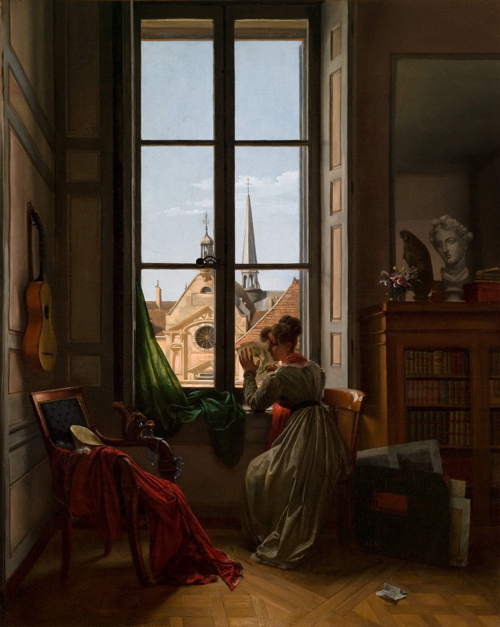 Interieur met jonge vrouw die een bloem overtrekt, ca. 1820-22 (olieverf op doek) door Louise Adeone Droelling