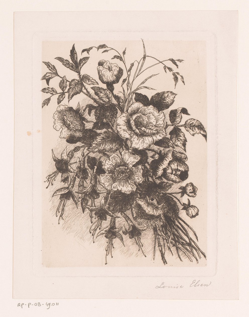 Bloemstilleven met rozen en anemonen door Louise Elsen (attributed to)