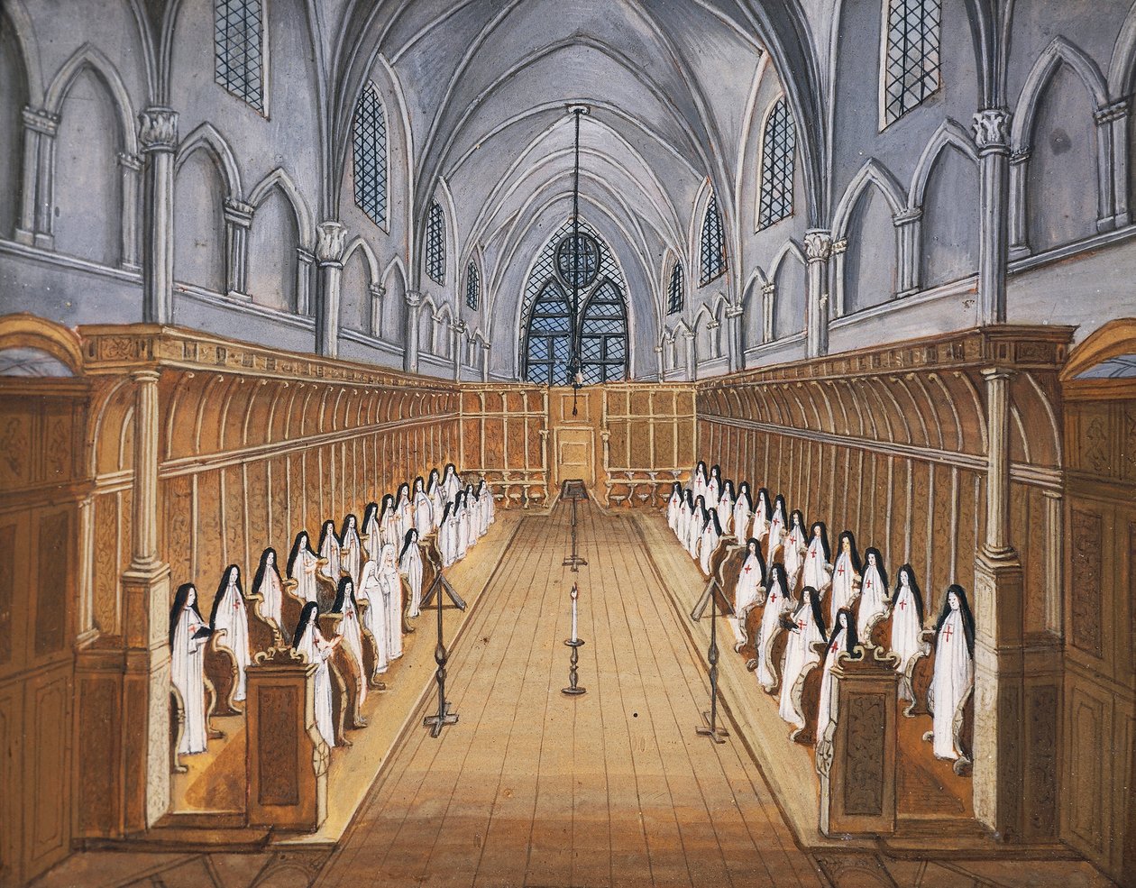 Port-Royal des Champs Abdij, koor van nonnen in kerk (tekening) door Louise Magdeleine Hortemels