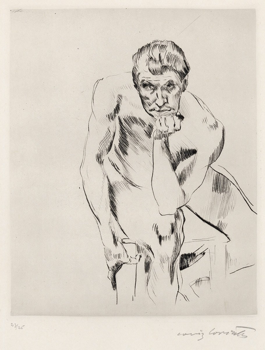 Zittende mannelijke naakt, nadenkend door Lovis Corinth