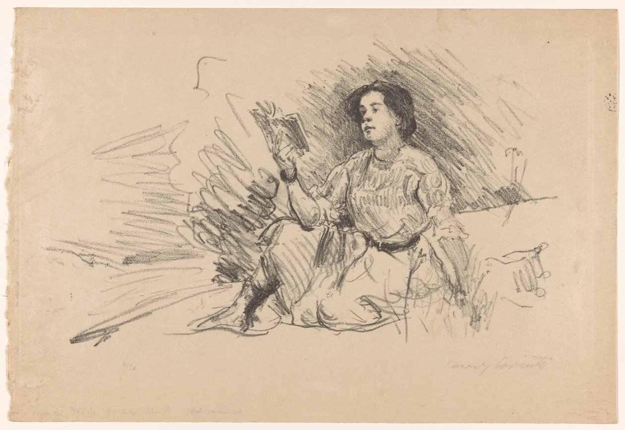 Lezend meisje, zittend op de grond door Lovis Corinth (signed by artist)
