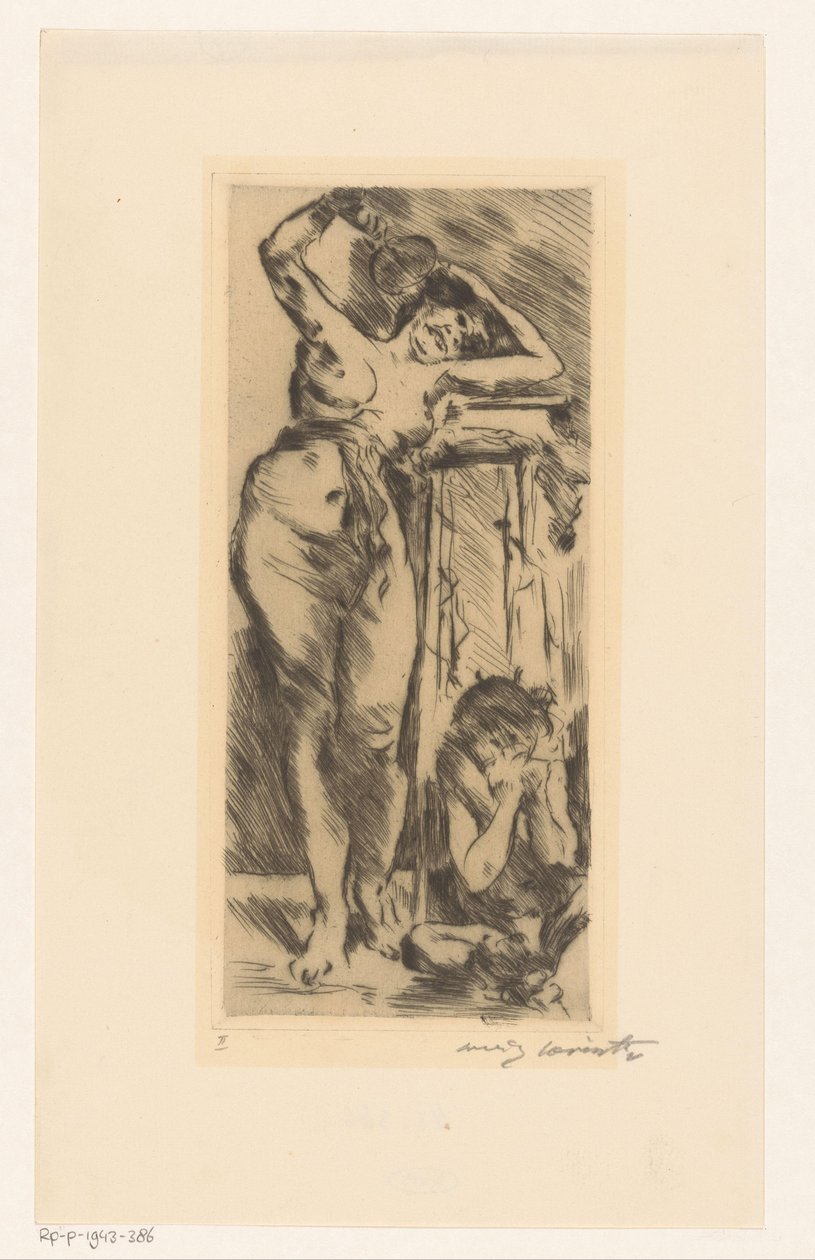 Vrouwelijk naakt met waaier in de hand en rechts van haar een ineengedoken figuur door Lovis Corinth (signed by artist)