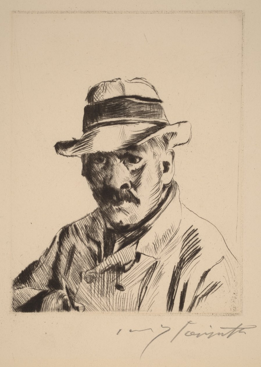 Zelfportret met strohoed, borststuk door Lovis Corinth