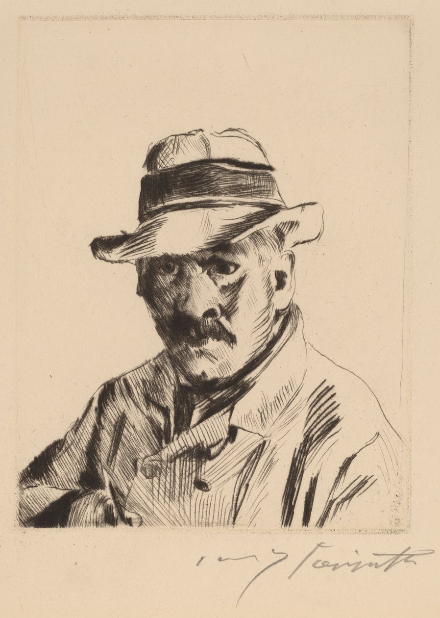 Zelfportret met strohoed, als borstbeeld, 1913 door Lovis Corinth