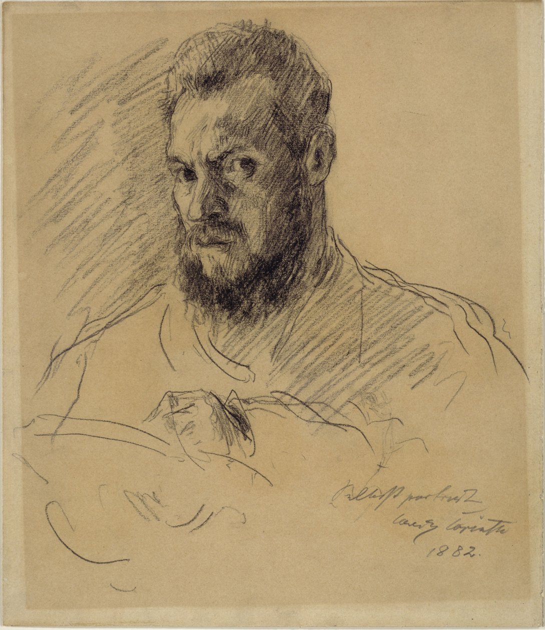 Zelfportret met volle baard, aan het tekenen door Lovis Corinth
