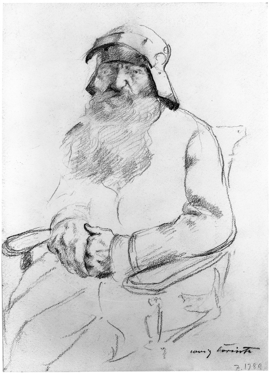 Zittende bebaarde oude man met een helm uit de 16e eeuw, van voren gezien (studie voor Götz von Berlichingen) door Lovis Corinth