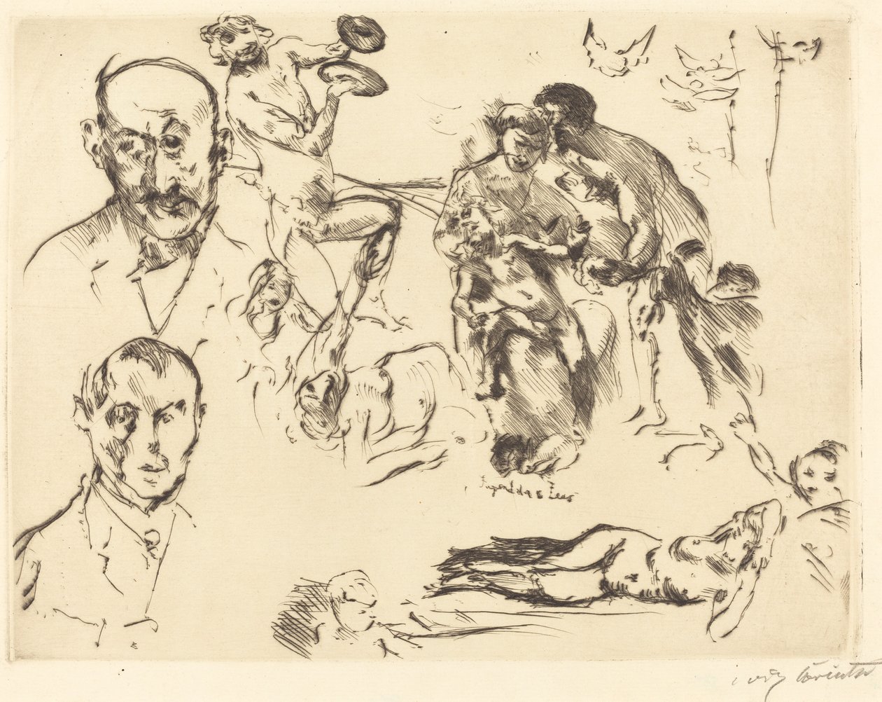 Schetsen van mannen, waaronder Max Liebermann door Lovis Corinth