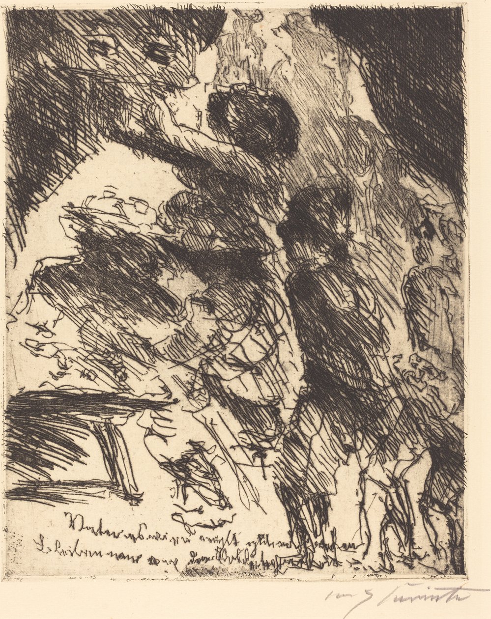Vader, het zal niet goed aflopen, laten we wegblijven van de soldatenmenigte door Lovis Corinth