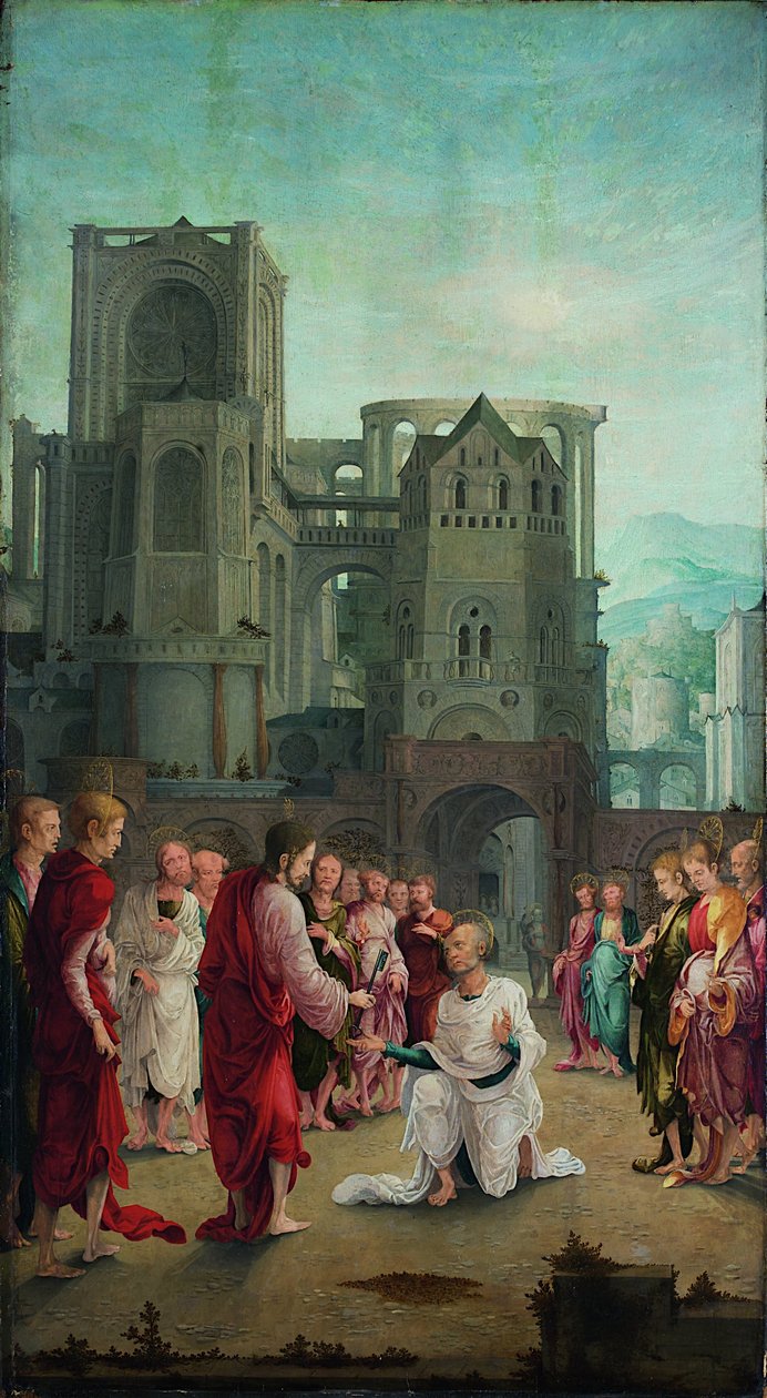Christus overhandigt de sleutels aan St. Petrus door Lower Rhenish pupil of Wolf Huber