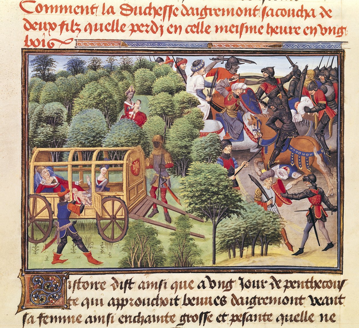 Ms 5072 f.6v Hoe de hertogin van Aigremont twee zonen baarde en ze in hetzelfde uur verloor in een bos, uit de Renaud de Montauban-cyclus door Loyset Liedet
