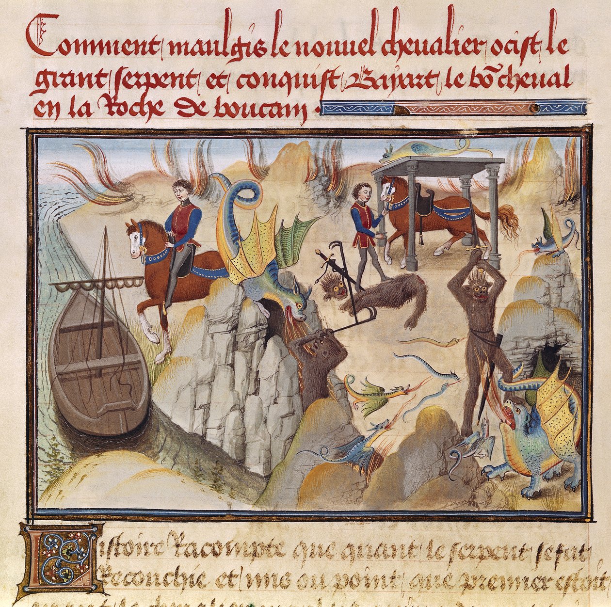 Ms 5072 fol.37v Maugis vecht tegen de slang en wint het betoverde paard, Bayard, uit de Renaud de Montauban-cyclus door Loyset Liedet